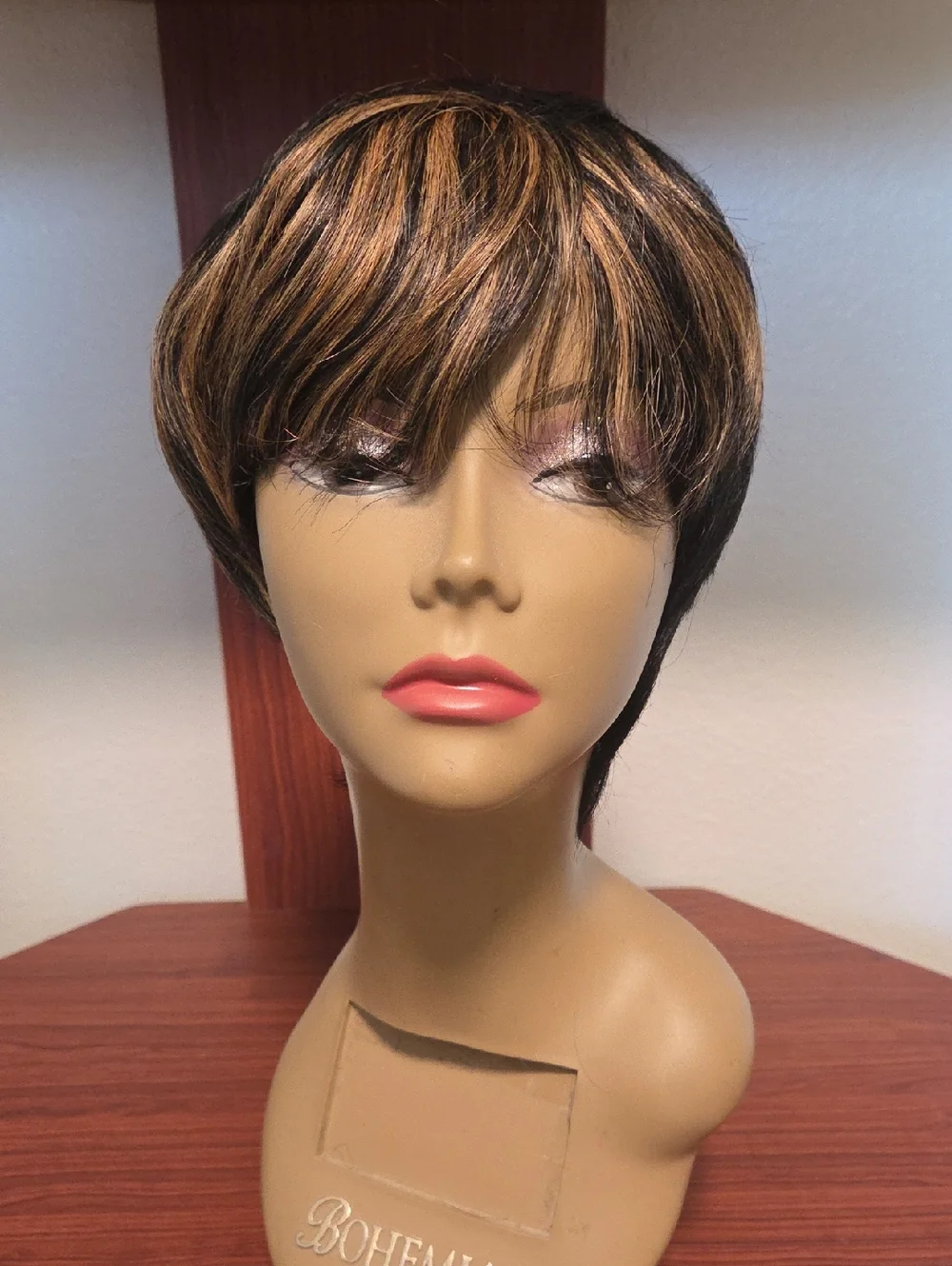 Women's Short Layered Pixie Cut Wig in Black with Blonde Highlights